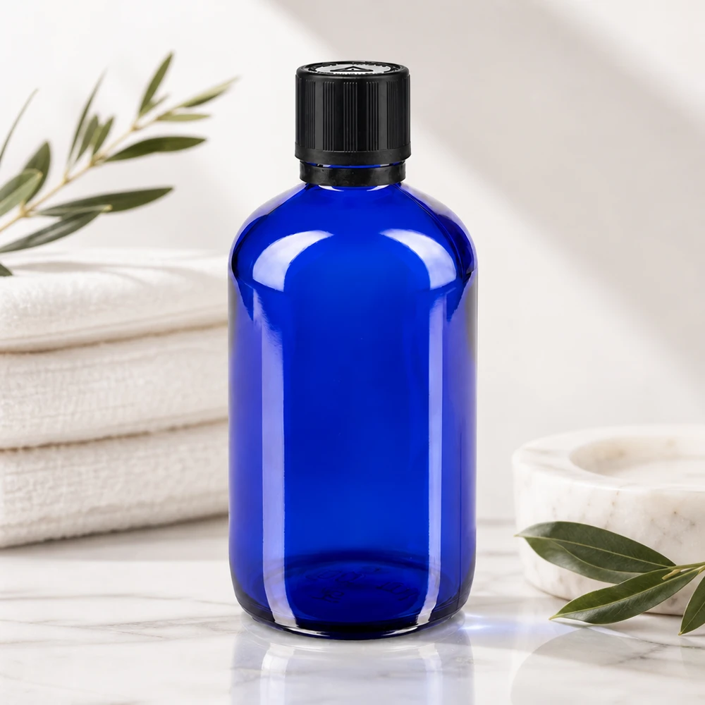 Flacon en verre d'apothicaire bleu de 100 ml avec bouchon d'origine, sécurité enfant et bouchon aveugle de précision de 1 mm