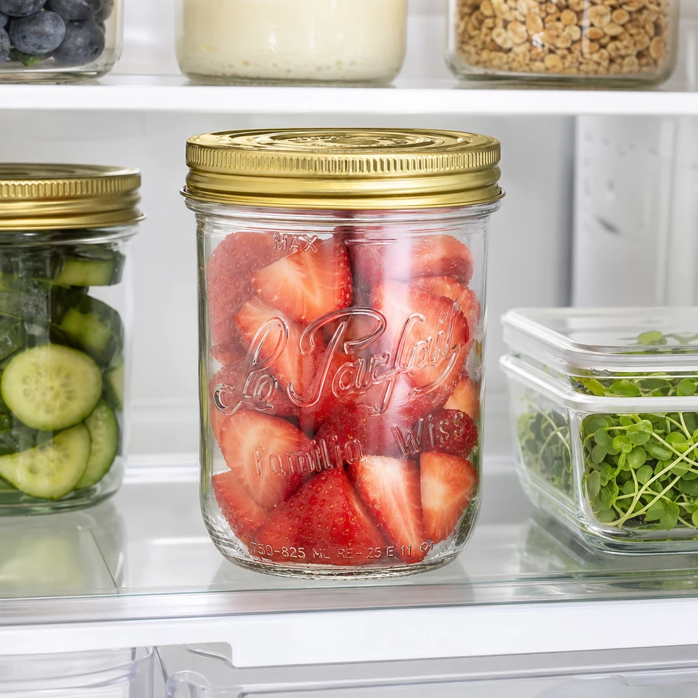 Pot de 1020 ml Familia Wiss avec couvercle doré rempli de fraises dans le réfrigérateur à côté d'autres bocaux de stockage