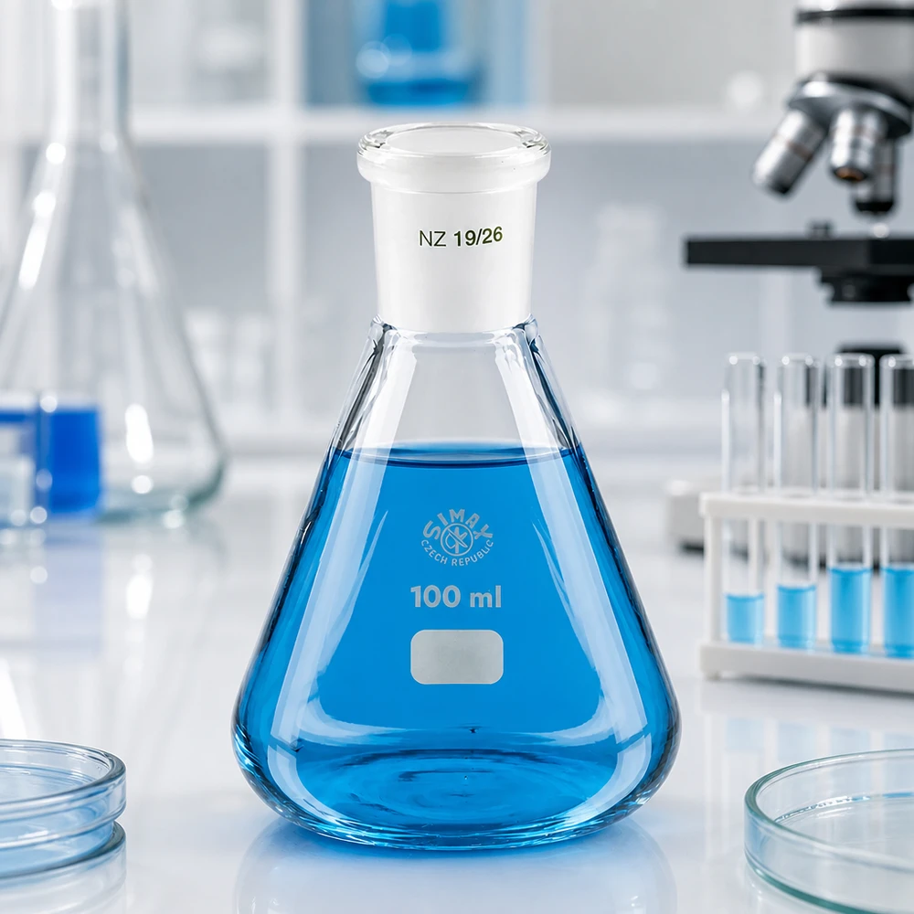 Erlenmeyer 100 ml col étroit, verre borosilicate à rodage normalisé 19/26 Erlenmeyer 100 ml col étroit, verre borosilicate à rodage normalisé 19/26