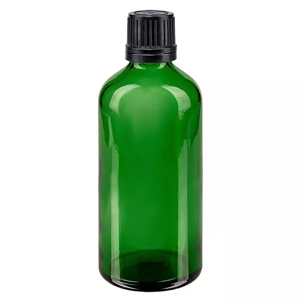 Flacon à pharmacie vert 100ml bouchon à vis noir bague de coulée bouchon d'inviolabilité