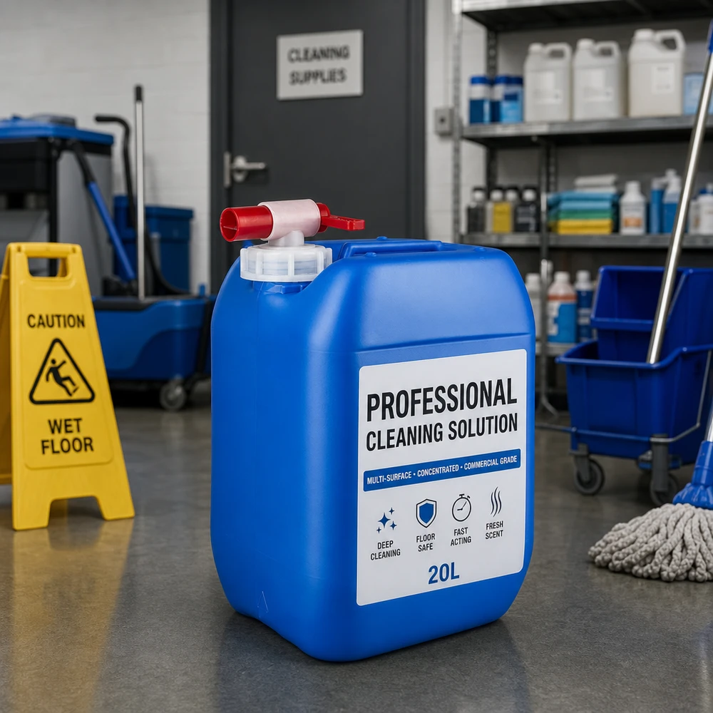 Bidon compact bleu de 10 litres avec robinet, destiné aux produits nettoyants concentrés