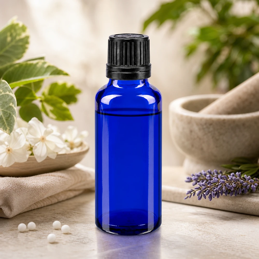 Bouteille de pharmacie bleue 30ml bouchon vissable noir bouchon d'inviolabilité Flacon d'homéopathie bleu de 30 ml en verre d'apothicaire avec bouchon à vis de sécurité enfant de 8 mm