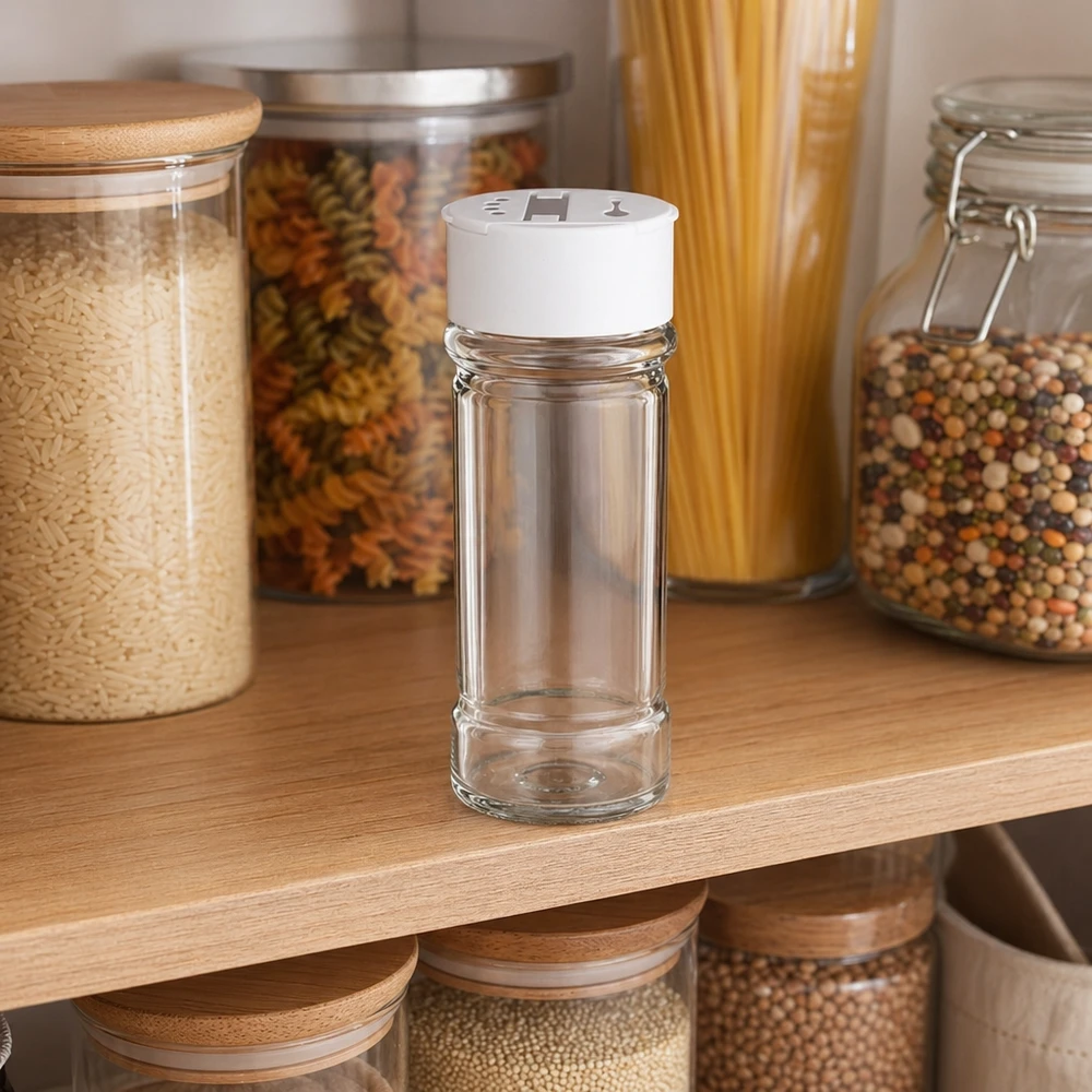 Pot à sel/épices 100 ml avec double saupoudreuse, blanc Petit bocal à épices de 100 ml avec un couvercle en plastique blanc, posé sur une étagère en bois parmi d'autres bocaux de conservation