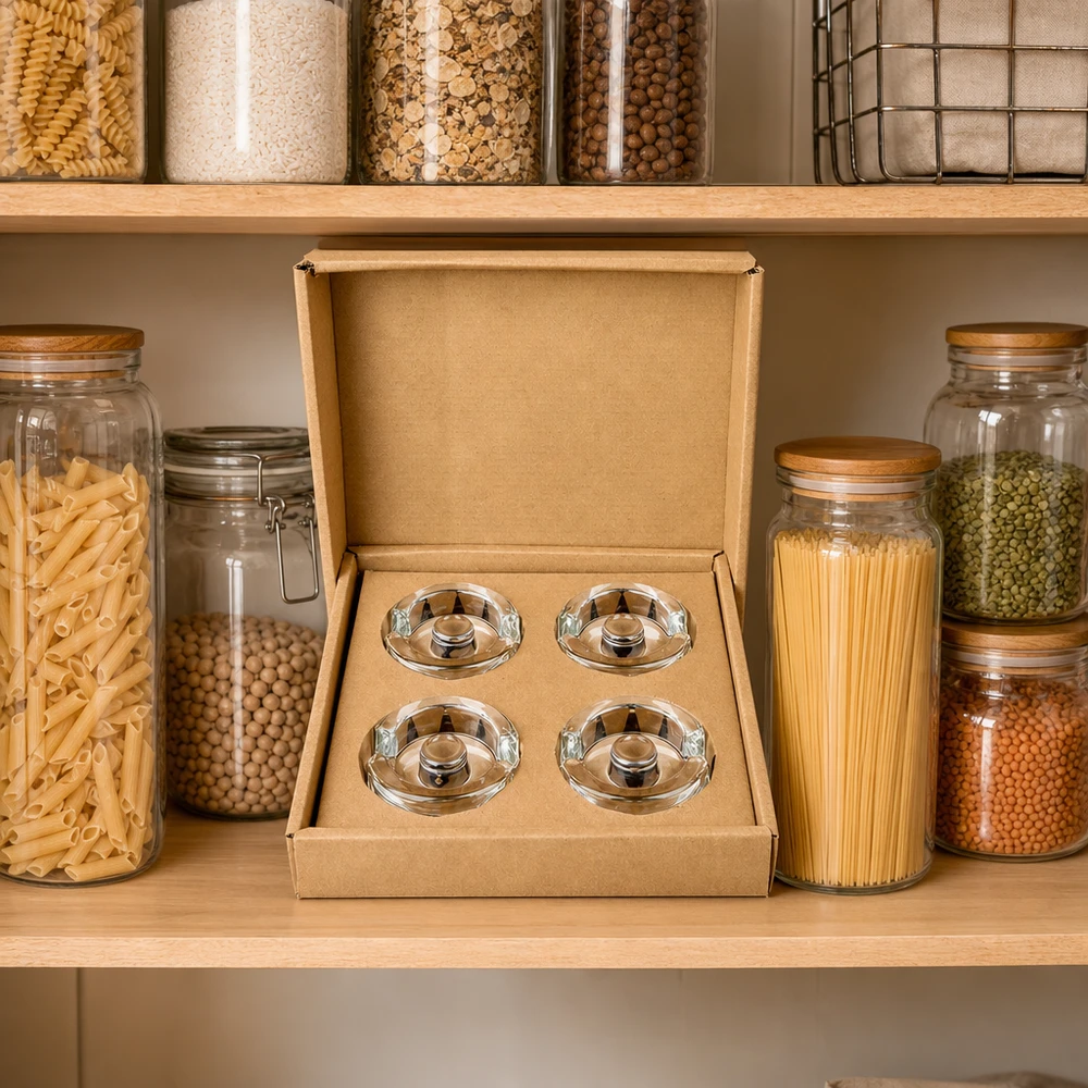UNiTWIST Poids pour bocaux de fermentation, set de 4, sur l'étagère de stockage entre les bocaux de pâtes et de légumineuses