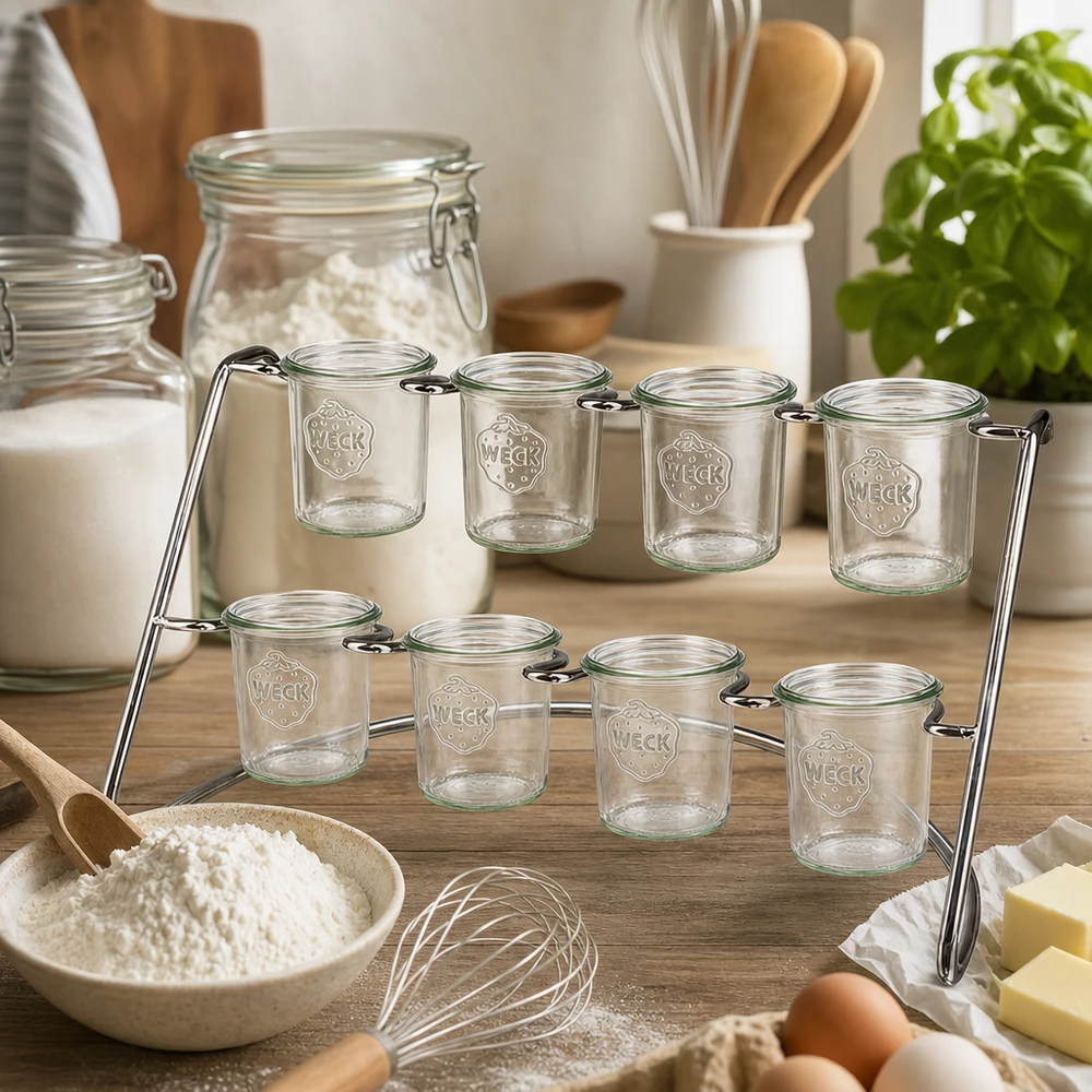 Présentoir Flato8 pour 8 bocaux WECK WECK Support de service Flato8 dans une cuisine moderne avec des ingrédients pour la pâtisserie et des bocaux vides pour les épices et les provisions