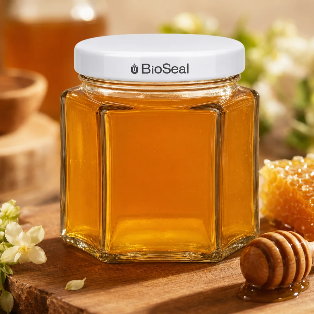 47ml Verre hexagonal avec couvercle BioSeal blanc UNiTWIST 47ml Verre hexagonal avec couvercle BioSeal blanc UNiTWIST