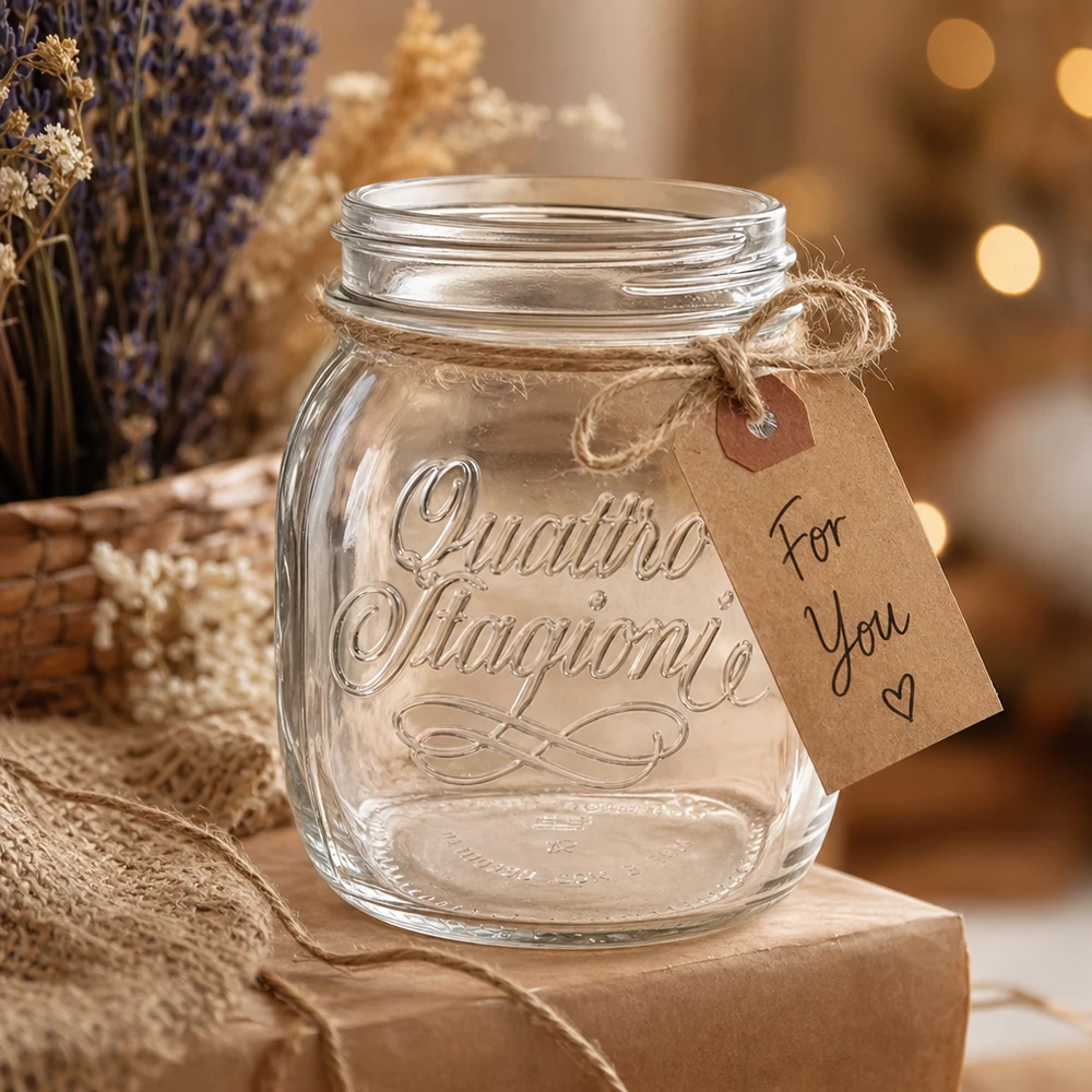 Verre de ménage 700ml Quattro Stagioni avec étiquette cadeau sur table en bois rustique décorée de lavande