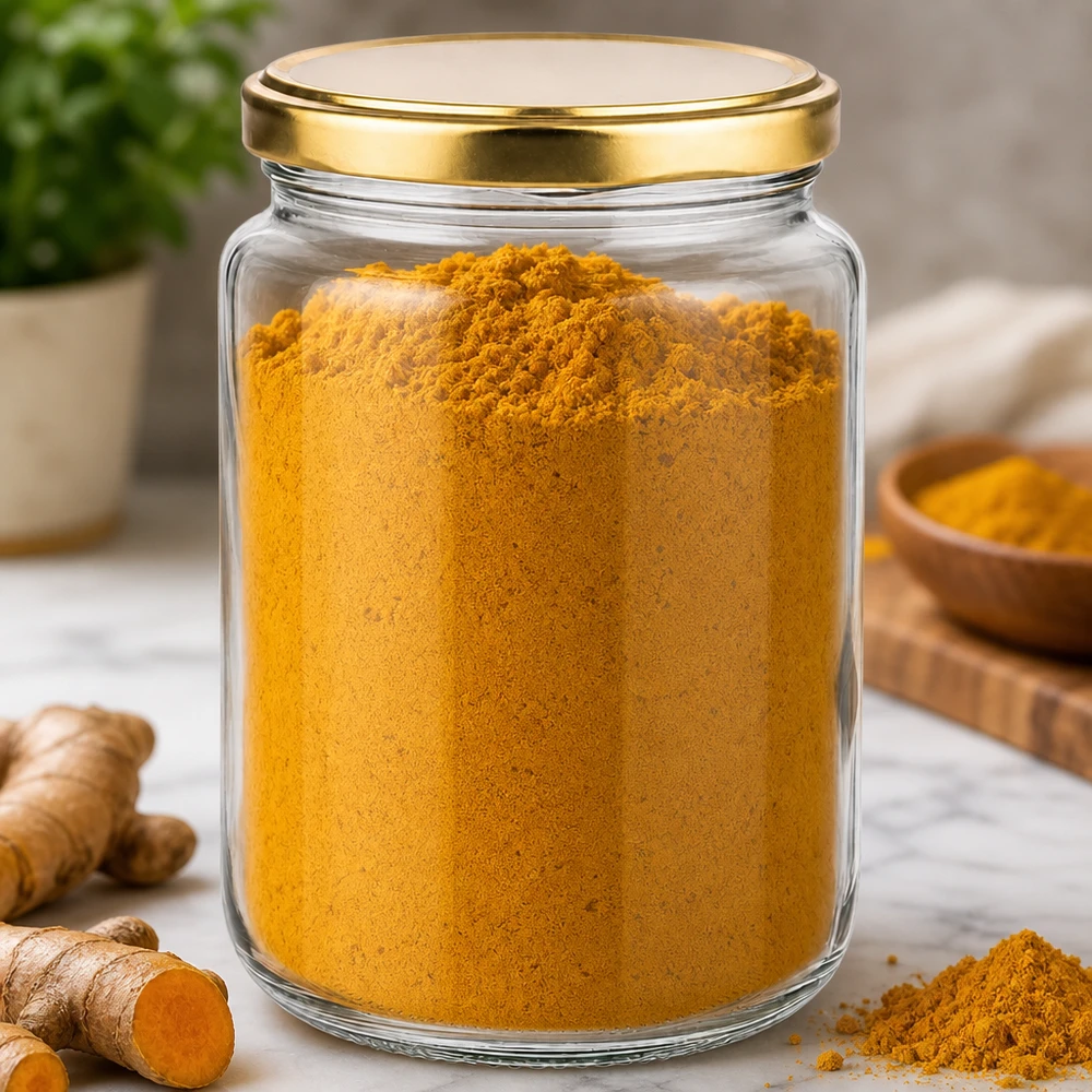 Bocal rond de 795 ml avec couvercle doré UNiTWIST rempli de poudre de curcuma pour la conservation des épices dans la cuisine