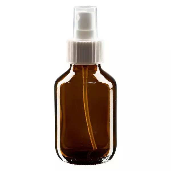 Flacon médical norme européenne de 100 ml avec spray blanc GCMI 28/410 et couvercle transparent, standard Flacon médical norme européenne de 100 ml avec spray blanc GCMI 28/410 et couvercle transparent, standard