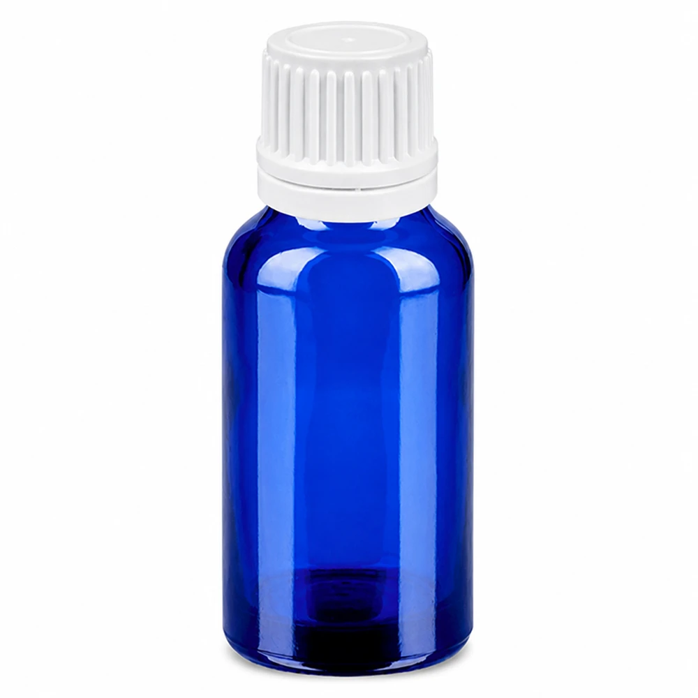Flacon compte-goutte 20ml 0.7mm blanc OV BlueLine UT18/20 Flacon compte-gouttes de 20 ml en verre bleu avec bouchon blanc pour un dosage précis