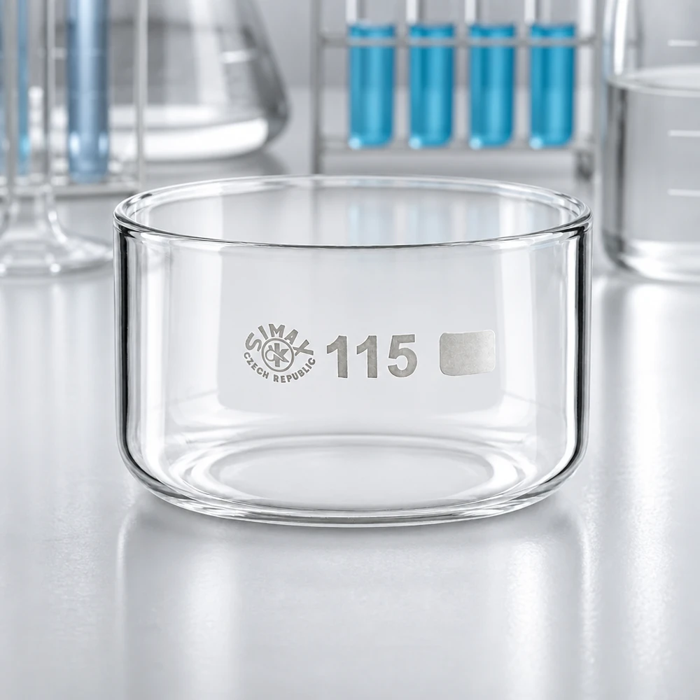 Coupelle de cristallisation 500 ml sans bec verseur Coupelle de laboratoire vide de 500 ml, diamètre 115 mm, en verre de précision tchèque, posée sur une paillasse de laboratoire
