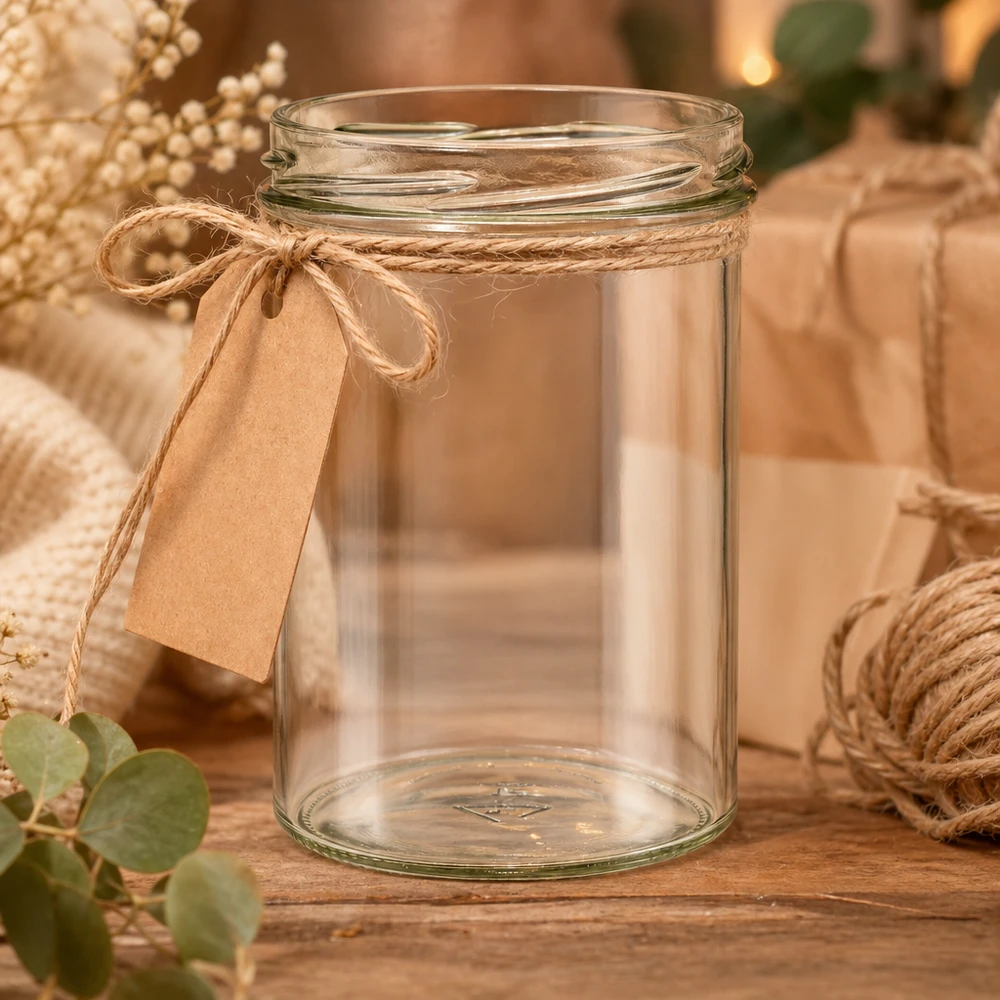 435ml Verre conique sans couvercle (TO82) UNiTWIST UNiTWIST Sturz435 Pot de conserve 435ml décoratif avec corde de jute et étiquette cadeau sur une table en bois rustique
