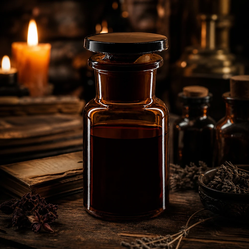 Flacon pharmaceutique 50 ml col large + bouchon verre ambré Flacon en verre foncé de 50 ml à épaulement arrondi, à col large et muni d'un bouchon, pour huiles essentielles