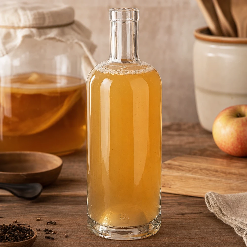 Flacon en verre 750 ml « Emma » sans bouchon UNiTWIST® Bouteille en verre Emma de 750 ml remplie de vinaigre de cidre dans une cuisine rustique à côté d'une pomme et d'ustensiles de cuisine sur une planche en bois