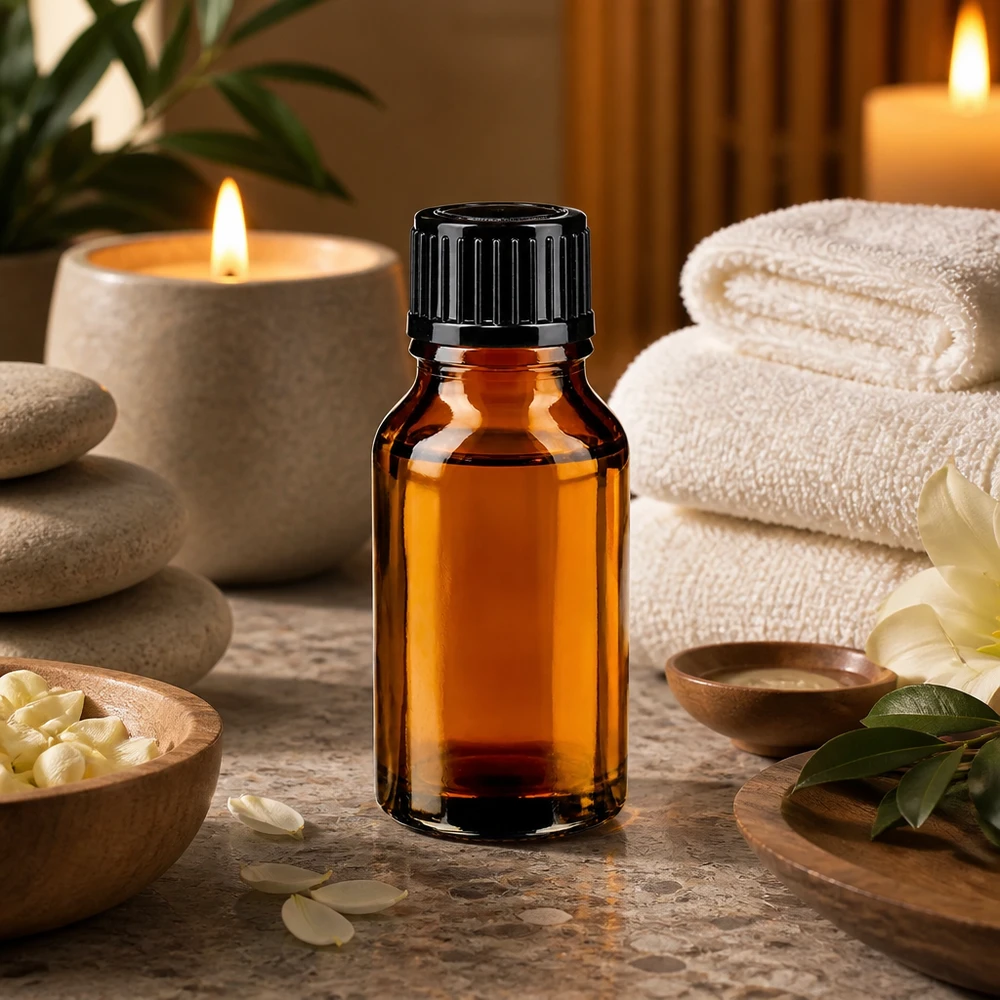 Flacon en verre brun 15ml avec bouchon à vis noir Flacon d'huile essentielle de 15 ml en verre ambré avec bouchon noir, dans une ambiance spa apaisante