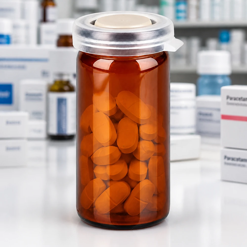 Flacon en verre opacifiante de 10 ml muni d'un bouchon en plastique transparent et contenant des comprimés ovales de couleur orange