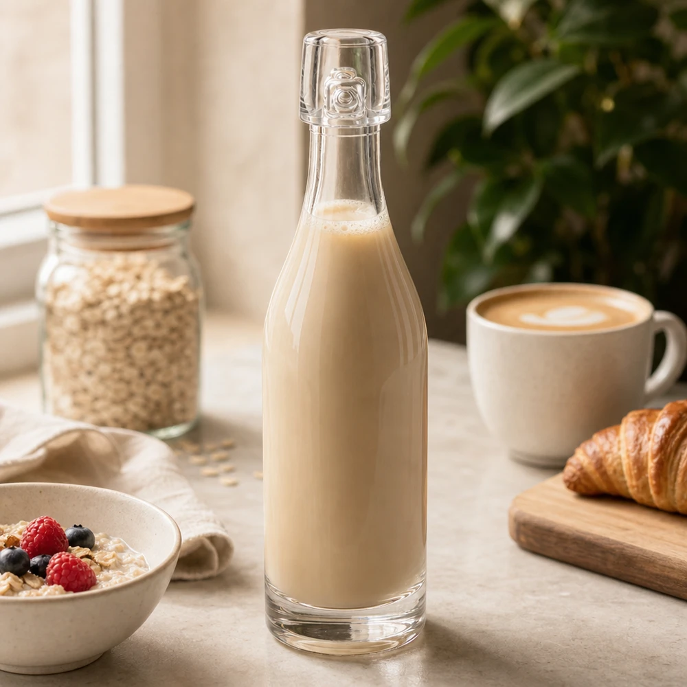 Bouteille en verre de 50 ml sans bouchon mécanique UNiTWIST Bouteille en verre de 50 ml UNiTWIST remplie de lait d'avoine entre les ingrédients du petit déjeuner Bol de céréales et croissant Table de cuisine