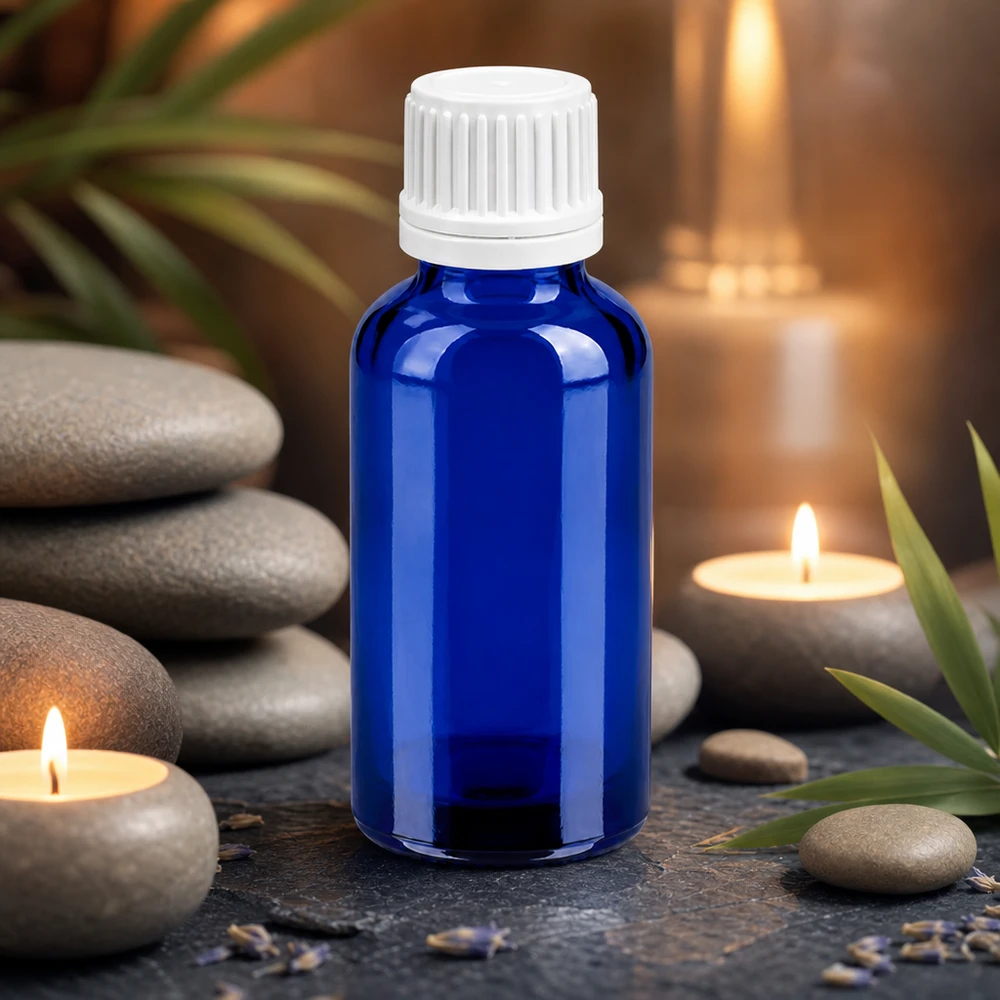 Flacon 30ml 11mm SV blanc OV BlueLine UT18/30 Bouteille de 30 ml en verre bleu robuste avec bouchon à vis blanc de sécurité pour les enfants