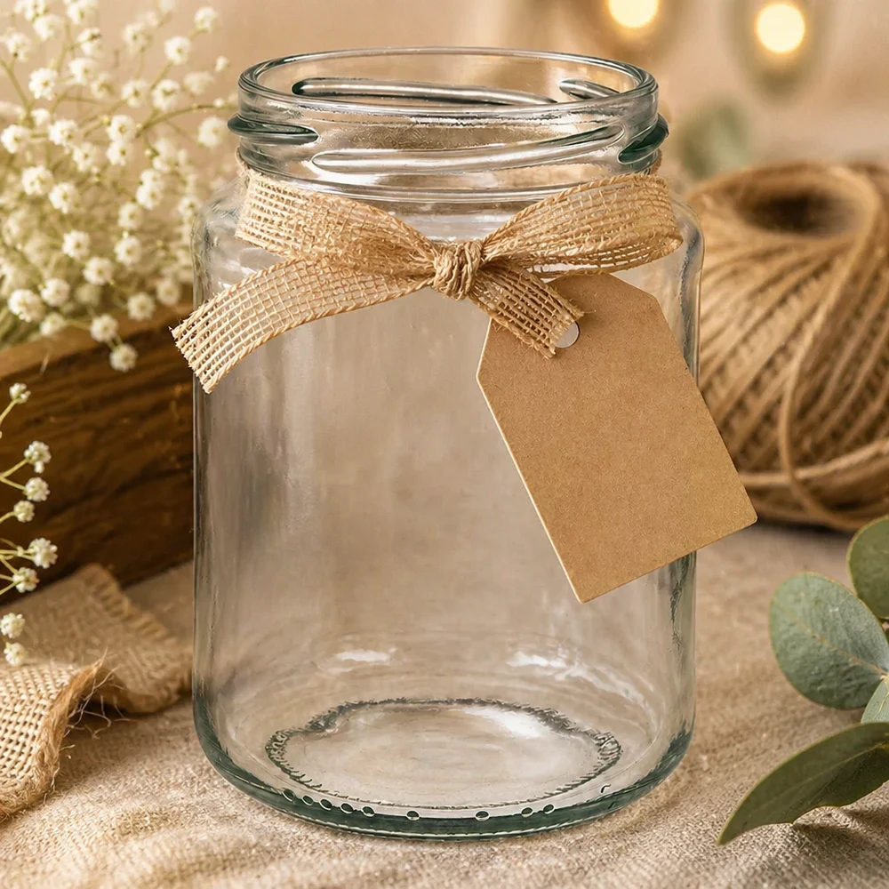 Verre rond vide 382ml avec filetage TO66 et ruban brun, décoration rustique avec jute et fleurs