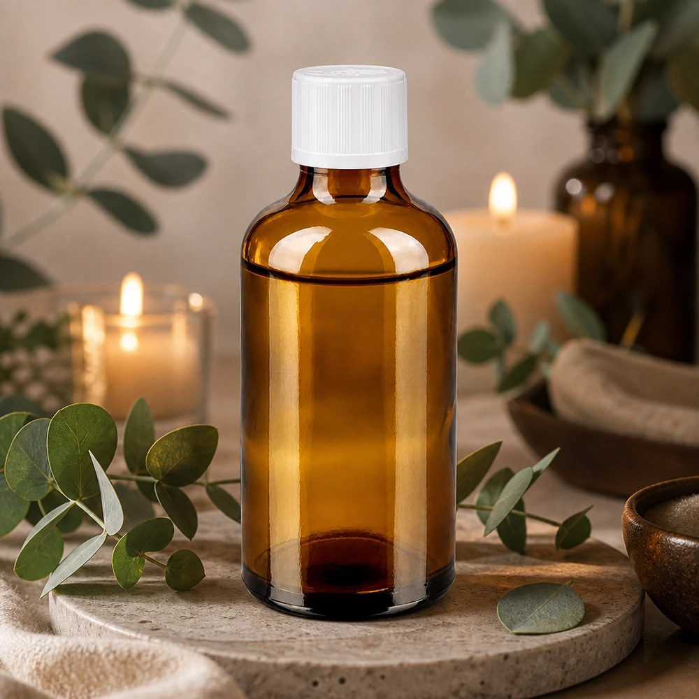 Petit flacon de pharmacie marron de 50 ml avec bouchon de sécurité blanc, entouré de branches d'eucalyptus