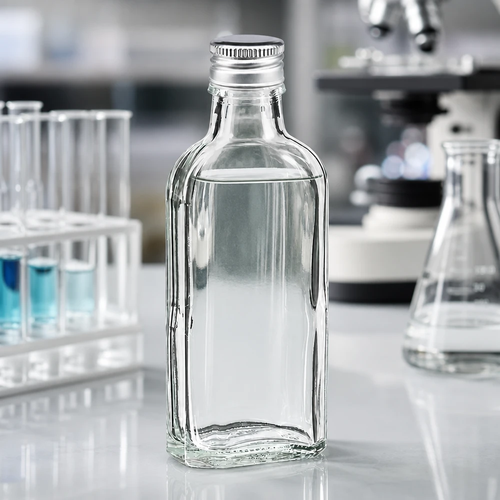 100 ml Meplat transparent avec bouchon alu argent PP22 Petite bouteille rectangulaire en verre de 100 ml, de type Meplat, avec bouchon à vis argenté PP22, en laboratoire