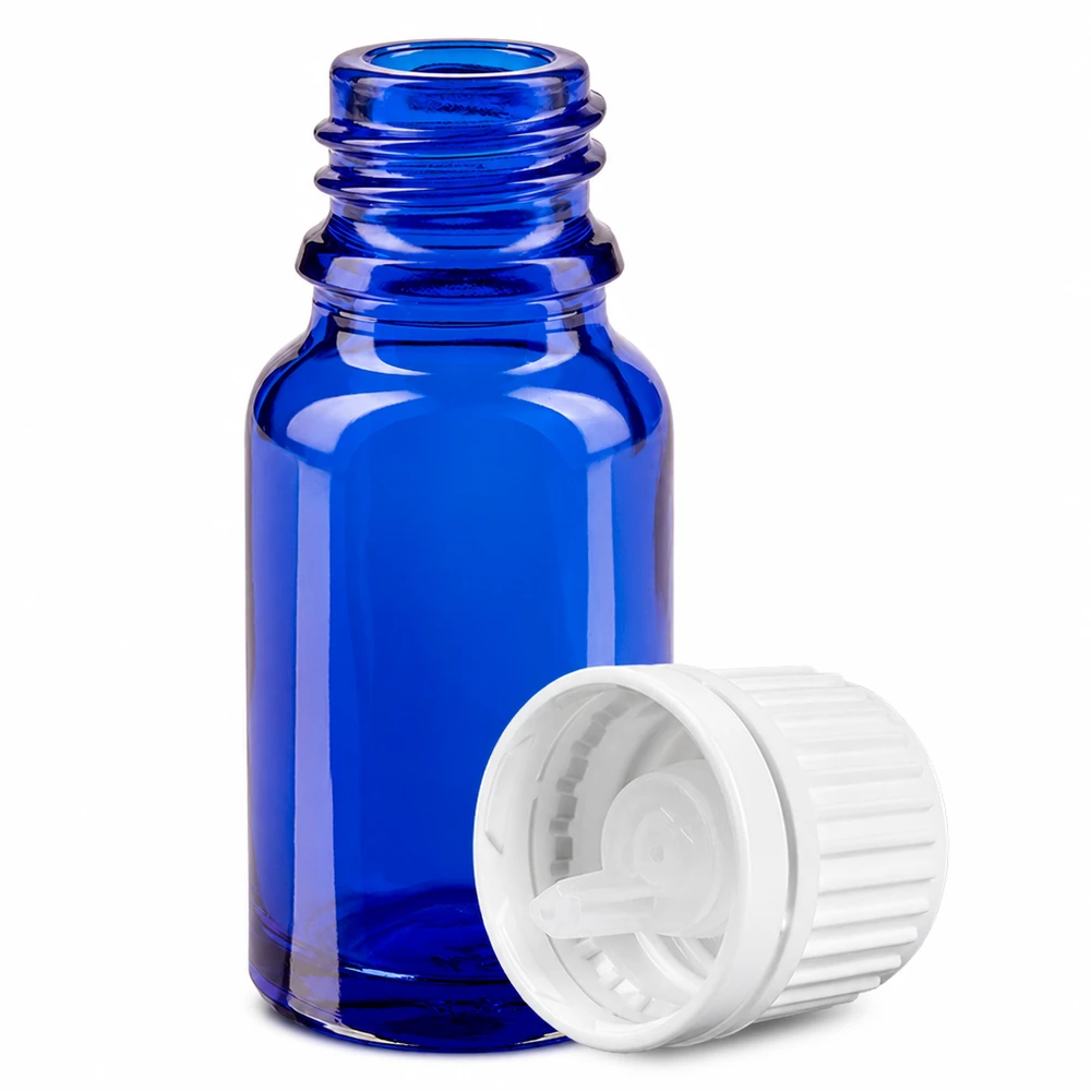 Flacon compte-goutte 10ml 0.7mm blanc OV BlueLine UT18/10 Flacon compte-gouttes 10ml bleu en verre de haute qualité avec bouchon blanc de sécurité pour les enfants