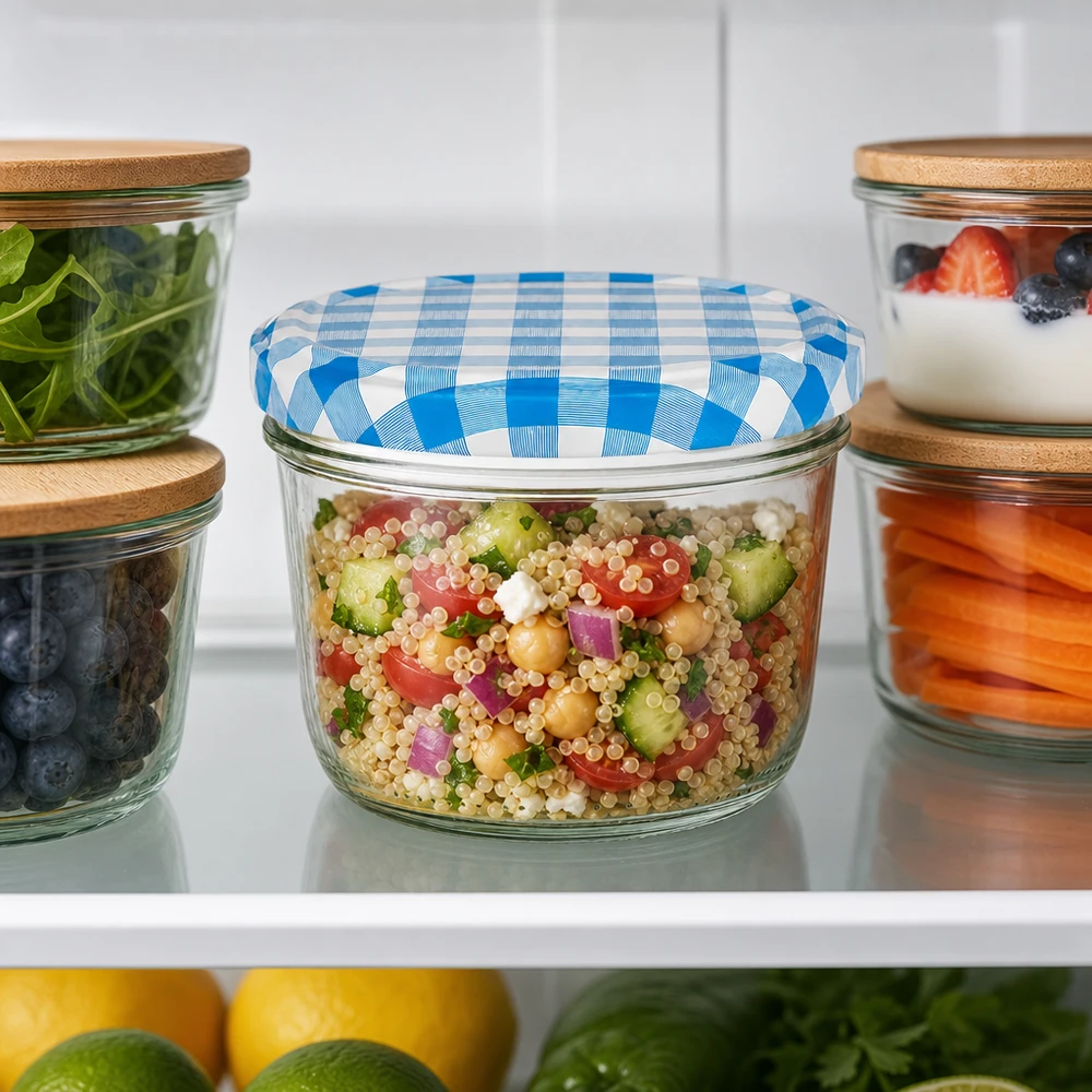 230ml Verre conique avec couvercle BasicSeal bleu/blanc UNiTWIST Pot renversé de 230 ml avec couvercle BasicSeal bleu et blanc comme récipient Meal-Prep pour la salade de quinoa au réfrigérateur