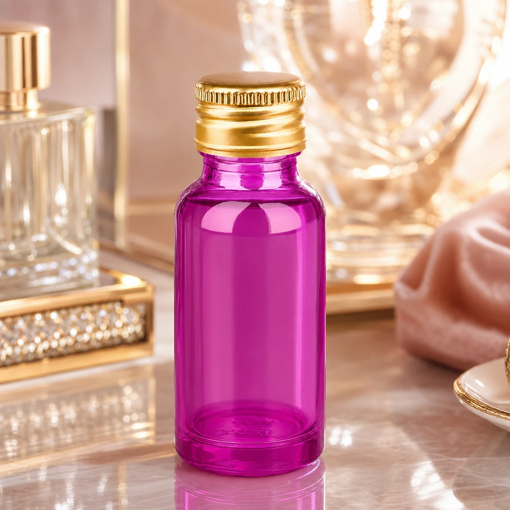 Flacon 20ml 11mm bouchon à vis alu-or standard PurpleLine. UT18/20 Flacon transparent violet de 20 ml avec bouchon à vis standard pour un dosage précis