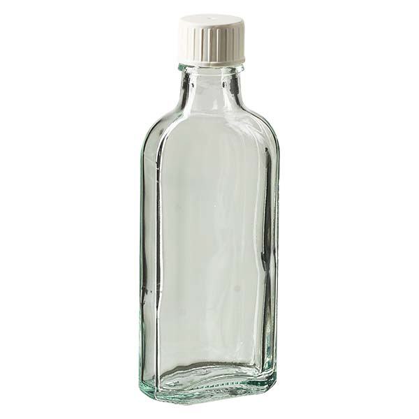 Flasque transparente de 100 ml au goulot DIN 22, avec bouchon à vis DIN 22 blanc et bague anti-gouttes Flasque transparente de 100 ml au goulot DIN 22, avec bouchon à vis DIN 22 blanc et bague anti-gouttes