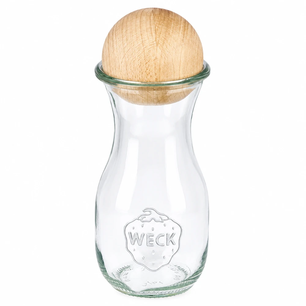 WECK Bouteille de jus 290ml RR60 en verre avec boule en bois de hêtre comme bouchon, design classique pour les boissons