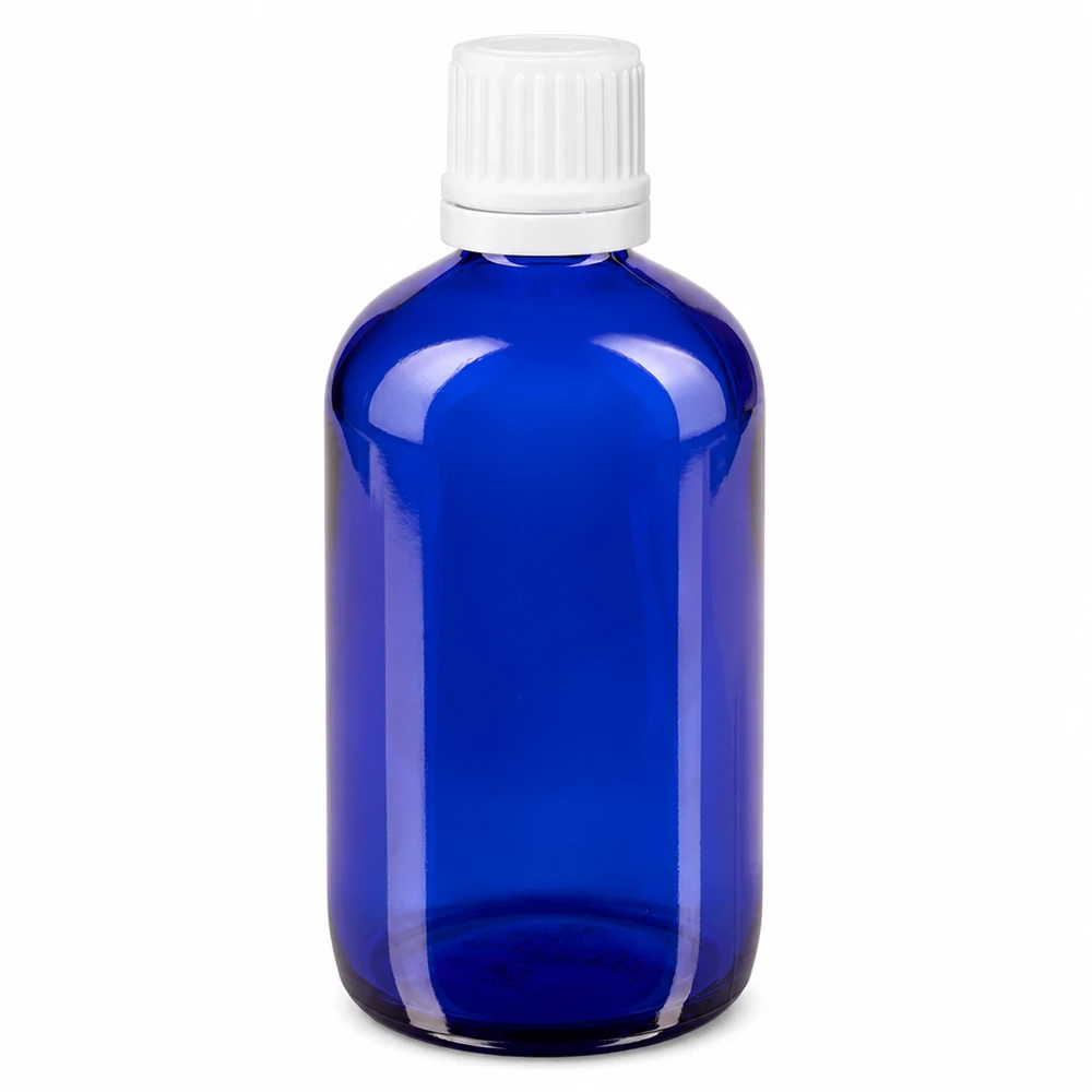 Flacon compte-gouttes bleu de 100 ml ApoGlas avec bouchon OV blanc à sécurité enfants pour la pharmacie