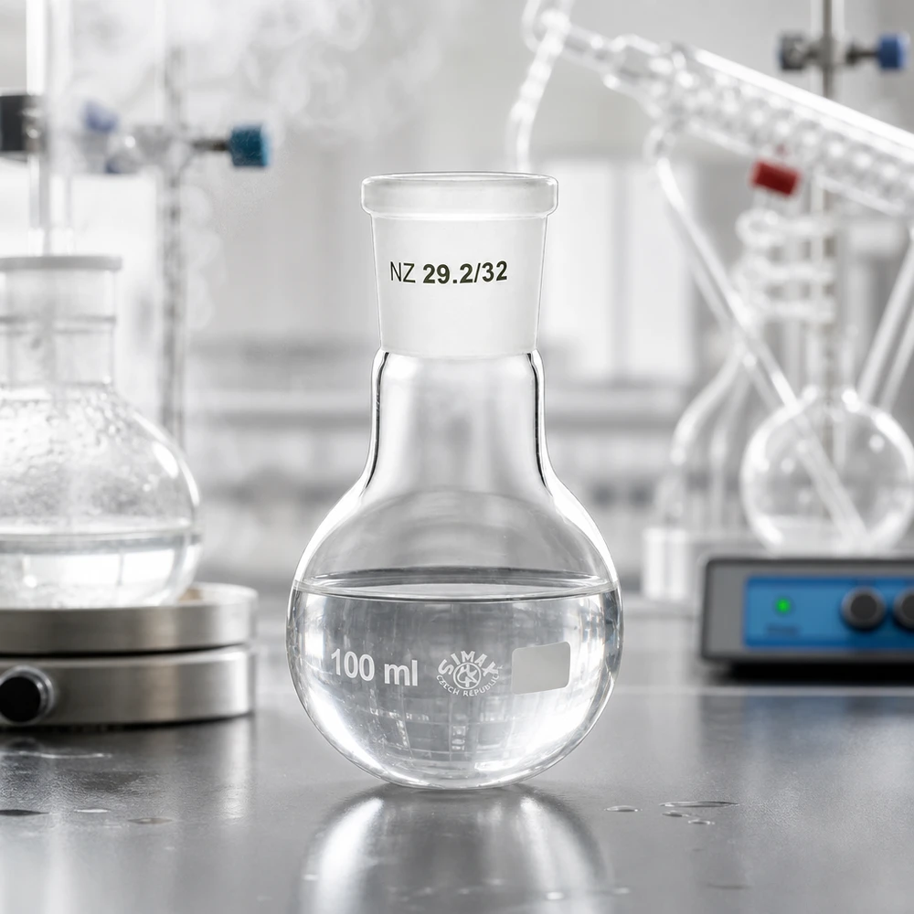 Ballon à fond plat 100 ml à col large, en verre borosilicate avec rodage normalisé 29/32 Ballon rond de 100ml à paroi épaisse avec rodage normalisé NS 29/32 adapté aux contraintes thermiques