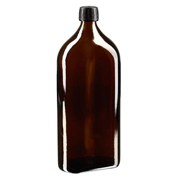 Flasque brune de 1 000 ml au goulot PP 28, avec bouchon à vis PP 28 noir, joint en PEE et système d’inviolabilité Flasque brune de 1 000 ml au goulot PP 28, avec bouchon à vis PP 28 noir, joint en PEE et système d’inviolabilité