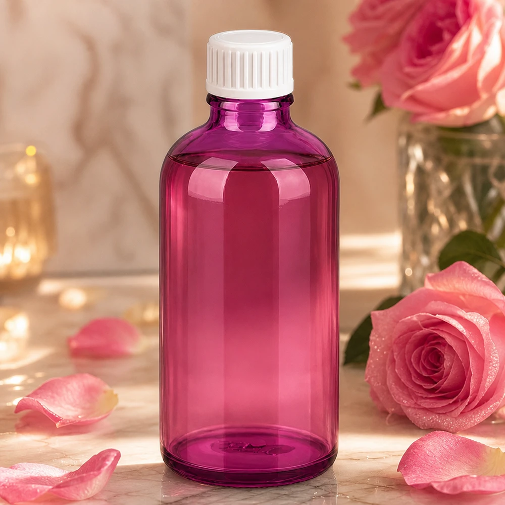 Flacon 100ml (globules) 3mm bague de coulée blanche standard PurpleLine. UT18/100 Flacon de pharmacie de 100ml en verre violet avec bouchon de sécurité enfant UT18