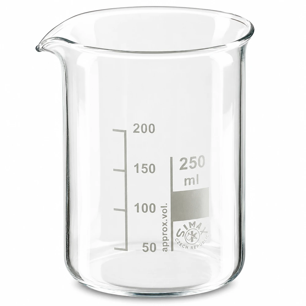 Bécher 250ml en verre borosilicate résistant à la chaleur (forme basse) Gobelet de laboratoire 250ml forme basse en verre borosilicaté avec graduation précise en millilitres