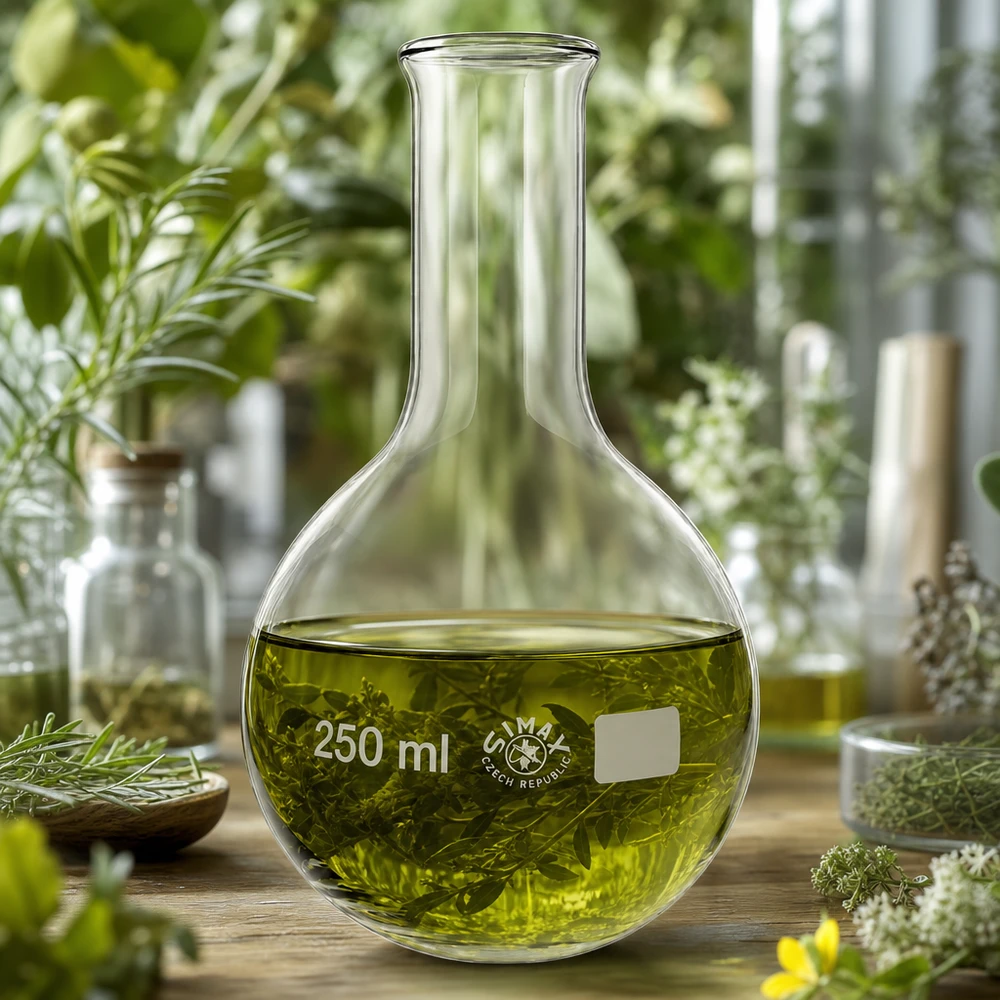 Ballon à fond plat 250ml en borosilicate à col étroit avec bord arrondi Alambic 250ml avec essences végétales entourées d'herbes et de fleurs fraîches