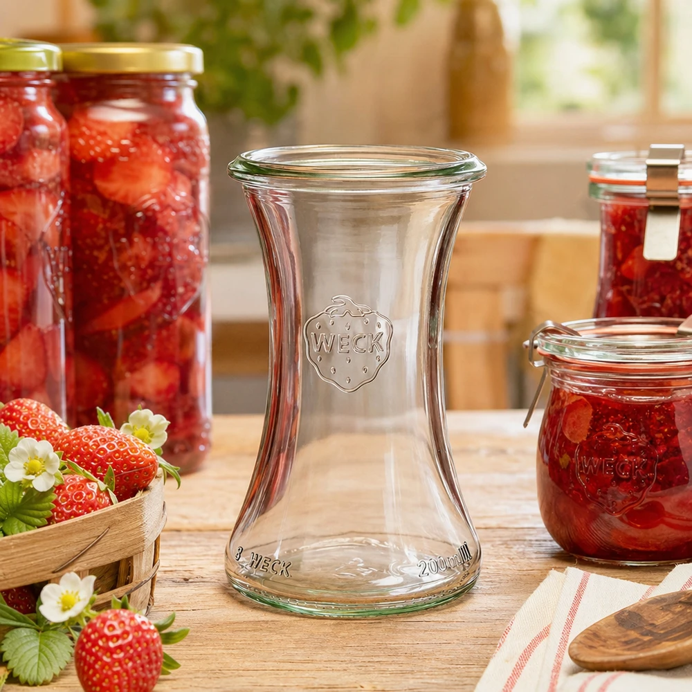 WECK RR60 Pot d'épicerie fine 200ml entouré de fraises et de confiture maison dans une cuisine rustique