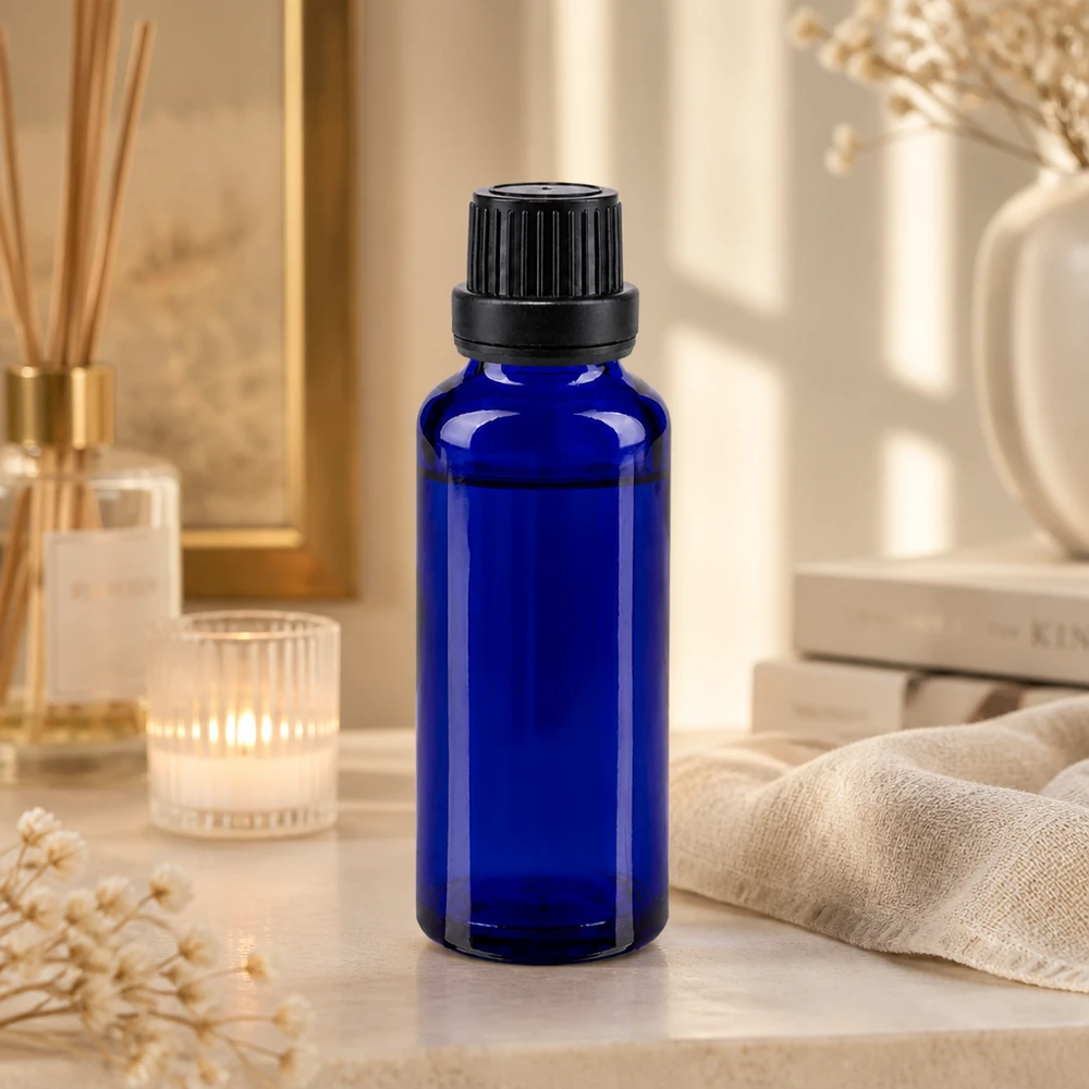 Flacon de pharmacie bleu 30ml bouchon vissable noir bouchon inviolabilité Petit flacon en verre bleu de 30 ml avec bouchon à vis à l'épreuve des enfants, pour sérums et huiles
