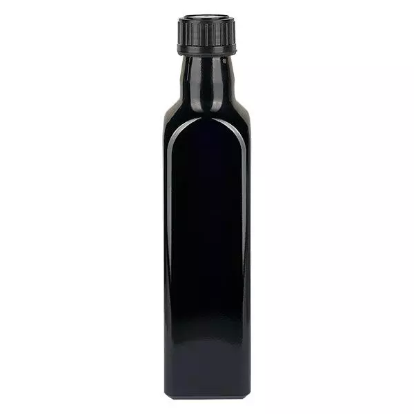 Bouteille d'huile en verre violet 500ml carrée, bouchon à vis noir
