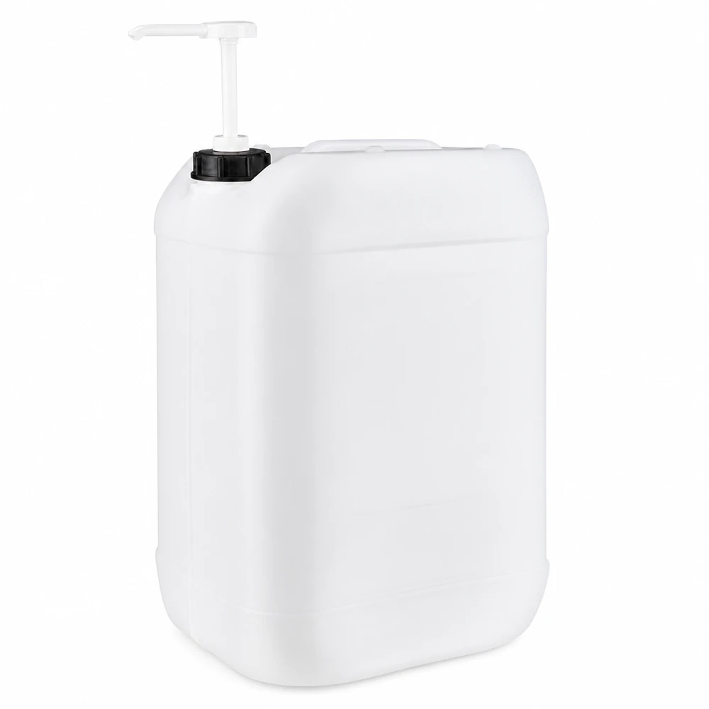Jerrican de 25 litres avec pompe doseuse Bidon rectangulaire en PEHD de 25 litres, de couleur blanche, équipé d'une pompe de distribution pratique pour les liquides