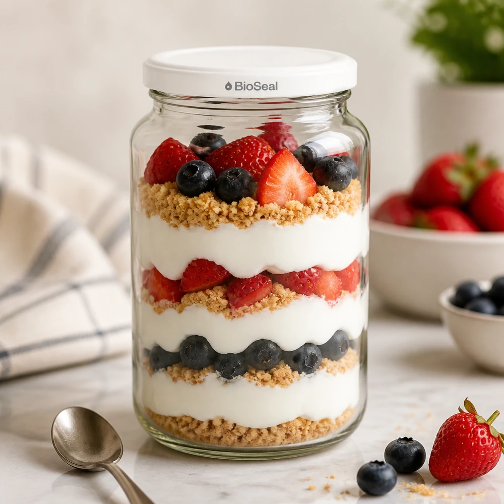 382ml Verre rond avec couvercle BioSeal blanc UNiTWIST UNiTWIST Runda382 comme pot à dessert - yaourt stratifié avec baies et granola dans un pot BioSeal