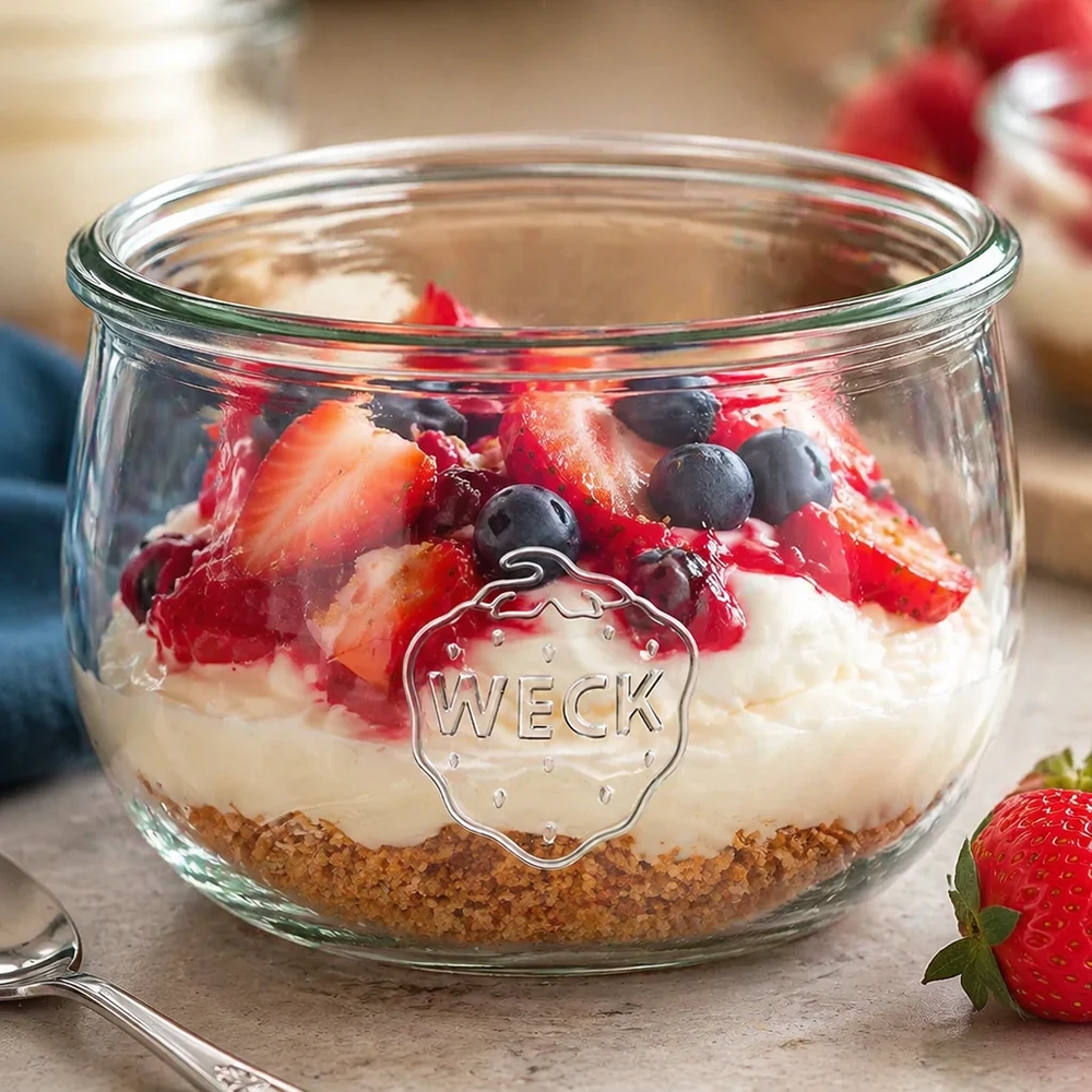 Bocal tulipe WECK RR100 de 580 ml WECK 580ml Pot tulipe RR100 avec dessert stratifié à base de biscuits crème et baies fraîches fraises myrtilles