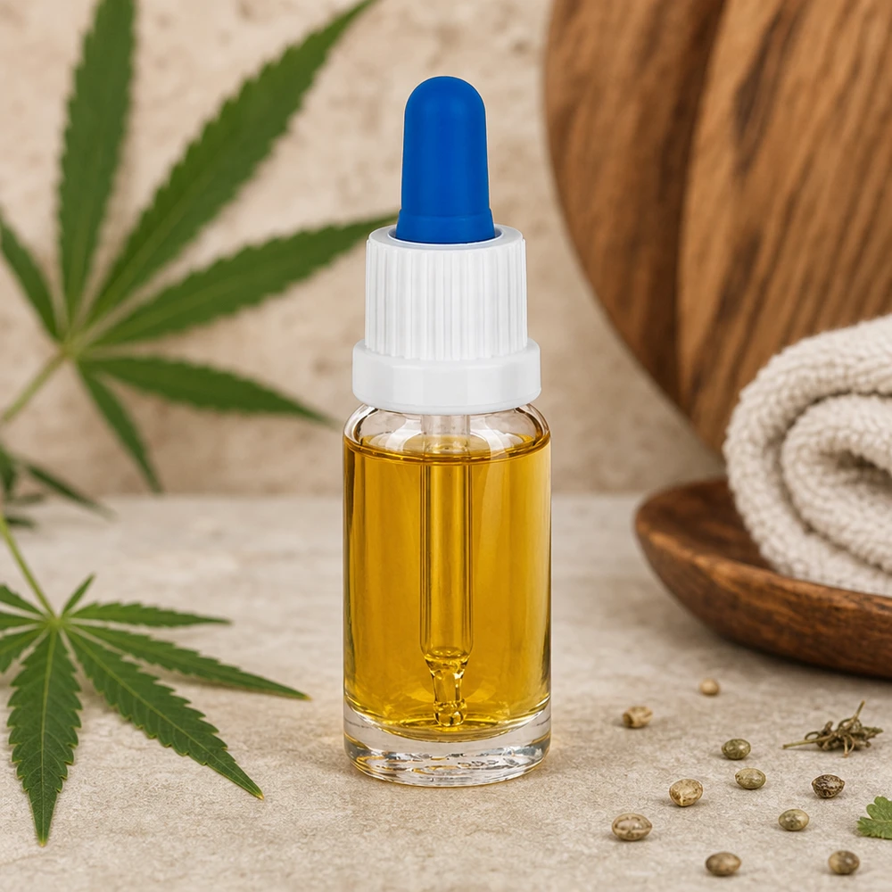Flacon à pipette 10ml blanc/bleu OV ClearL. UT18/10 Flacon pipette en verre transparent de 10 ml contenant de l'huile de CBD, accompagné de feuilles de cannabis et de graines de chanvre