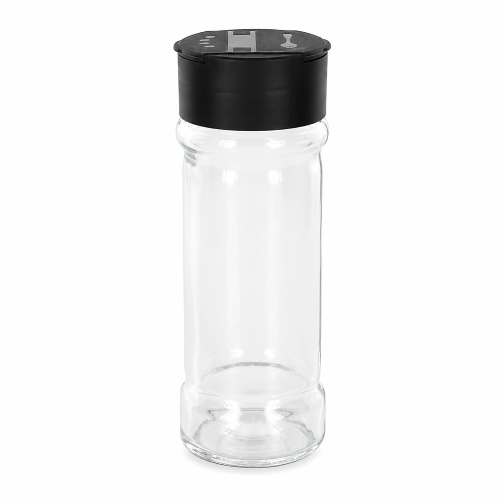 Pot à sel/épices 100 ml avec double saupoudreuse, noir Petite salière en verre de 100 ml avec un couvercle en plastique noir et deux ouvertures