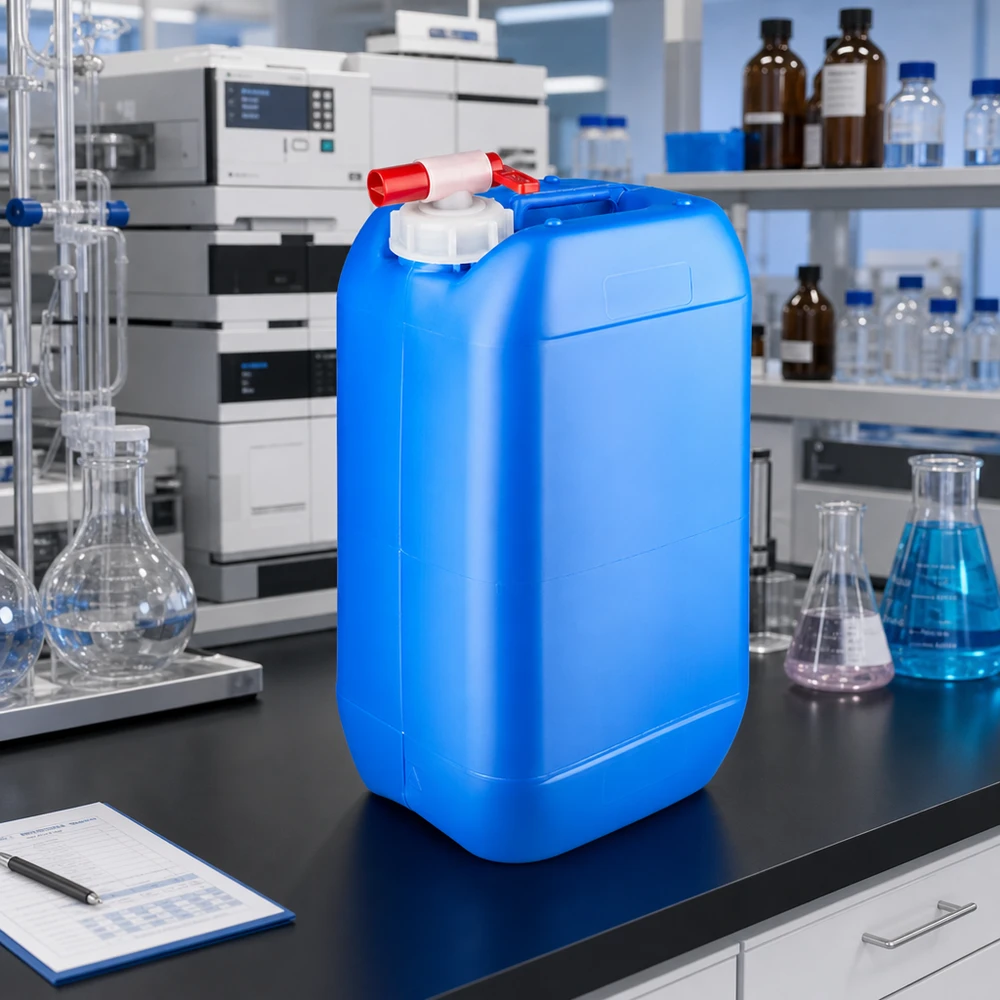 Réservoir de 15 litres, bleu, muni d'un robinet, posé sur un plan de travail de laboratoire noir