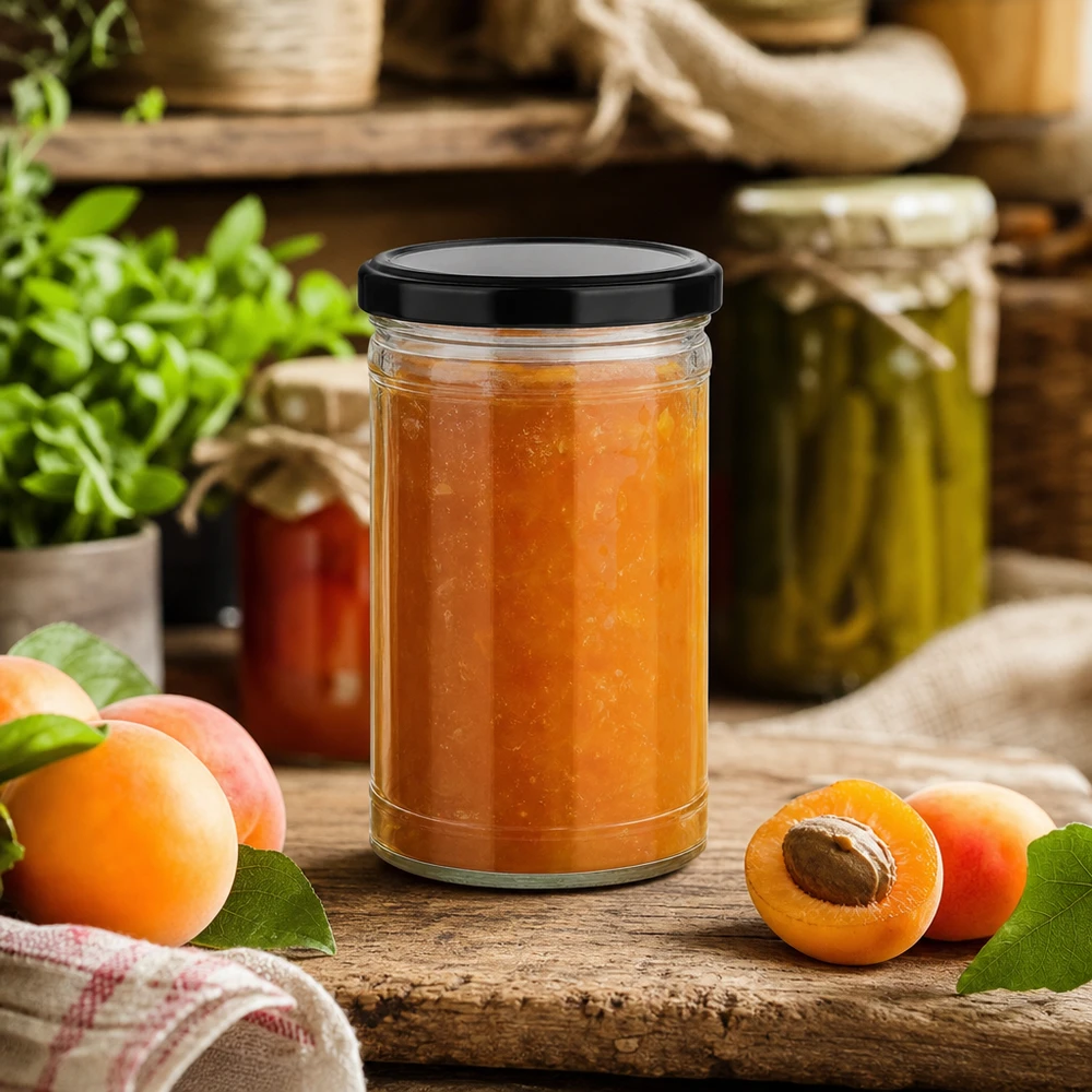 1053ml Verre conique avec couvercle BasicSeal noir UNiTWIST 1053ml pot renversé avec couvercle noir rempli de confiture d'abricots dans une cuisine rustique avec des fruits frais