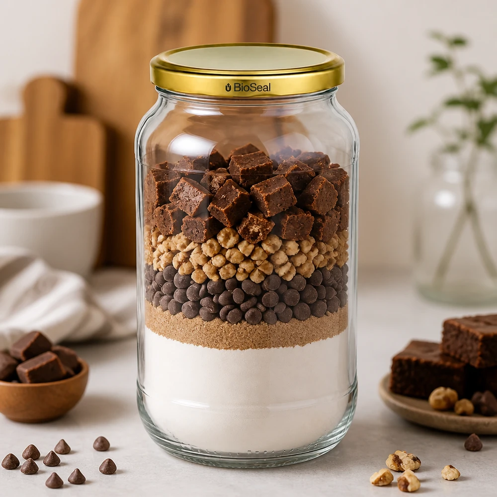 UNiTWIST Runda1062 Verre stratifié Brownie-Mix Chocolat Noix TO82 BioSeal Couvercle doré Mélange à cuire Jar de réserve