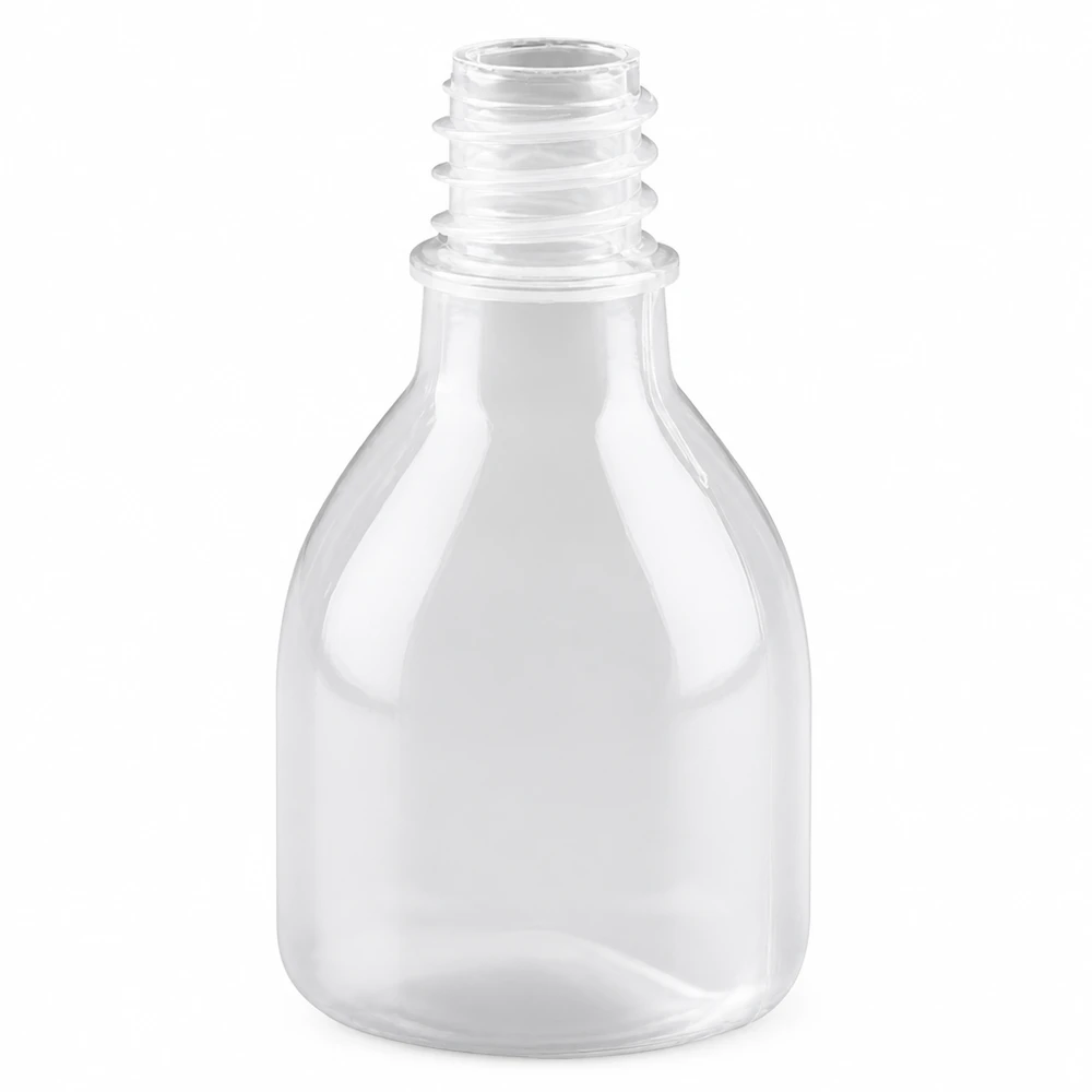 Flacon de laboratoire vide de 20 ml en plastique transparent à col étroit, destiné à des applications chimiques et médicales