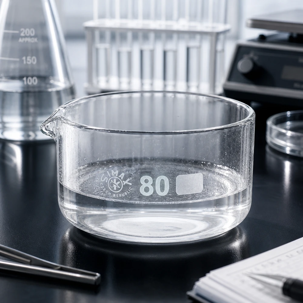 Coupelle de cristallisation 150 ml avec bec verseur Bol en verre plat de 150 ml dans un environnement de laboratoire avec des fioles Erlenmeyer et des tubes à essai de 80 mm de diamètre