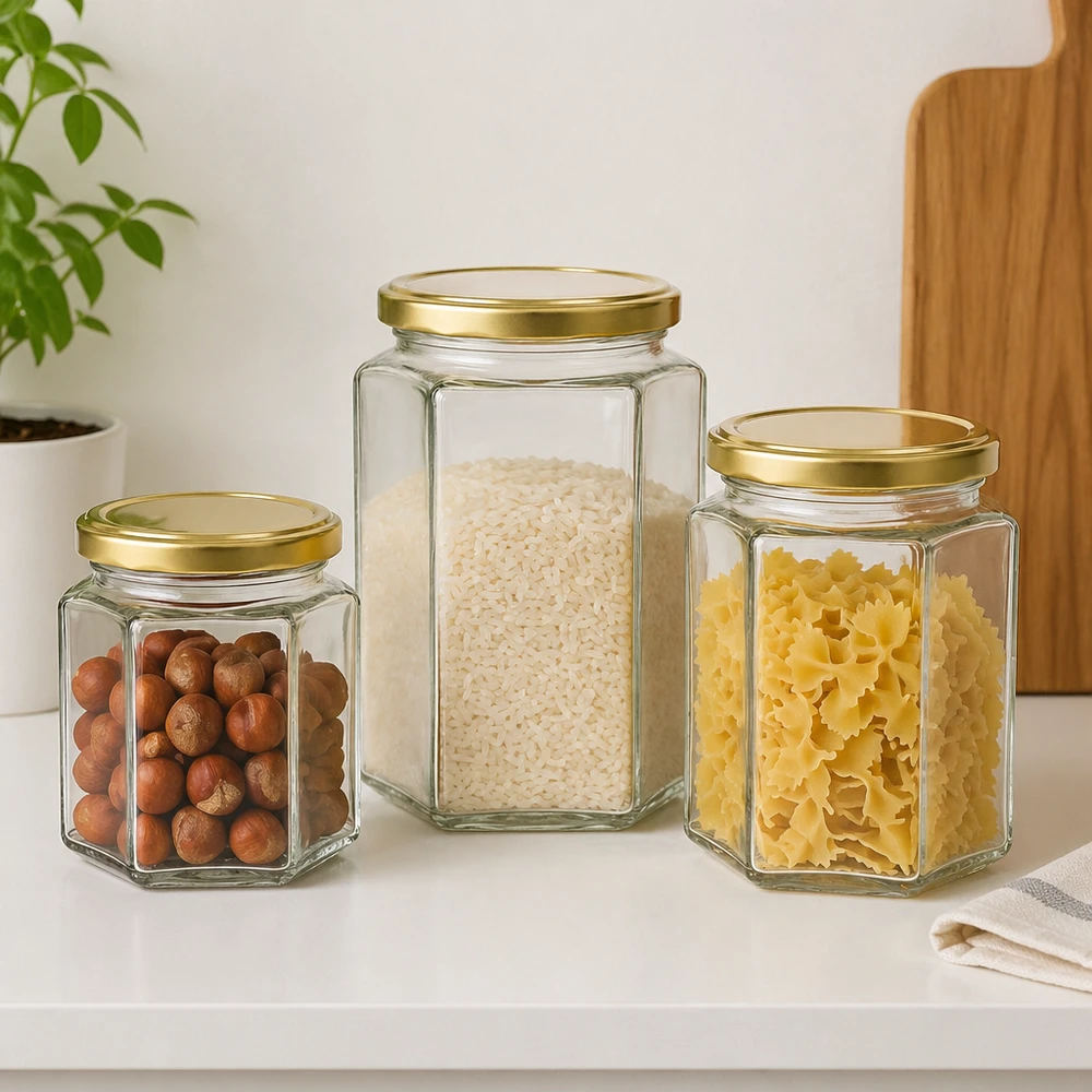 Pot à miel 500 g avec couvercle doré BasicSeal UNiTWIST Trois pots de miel de 500g BasicSeal différentes tailles avec couvercles dorés remplis Noix Riz Pâtes Conservation des réserves